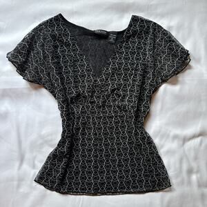 Y2K New York & Co Black Mesh Lined Top Ruffle Sleeve Womens Medium VTG Fairy